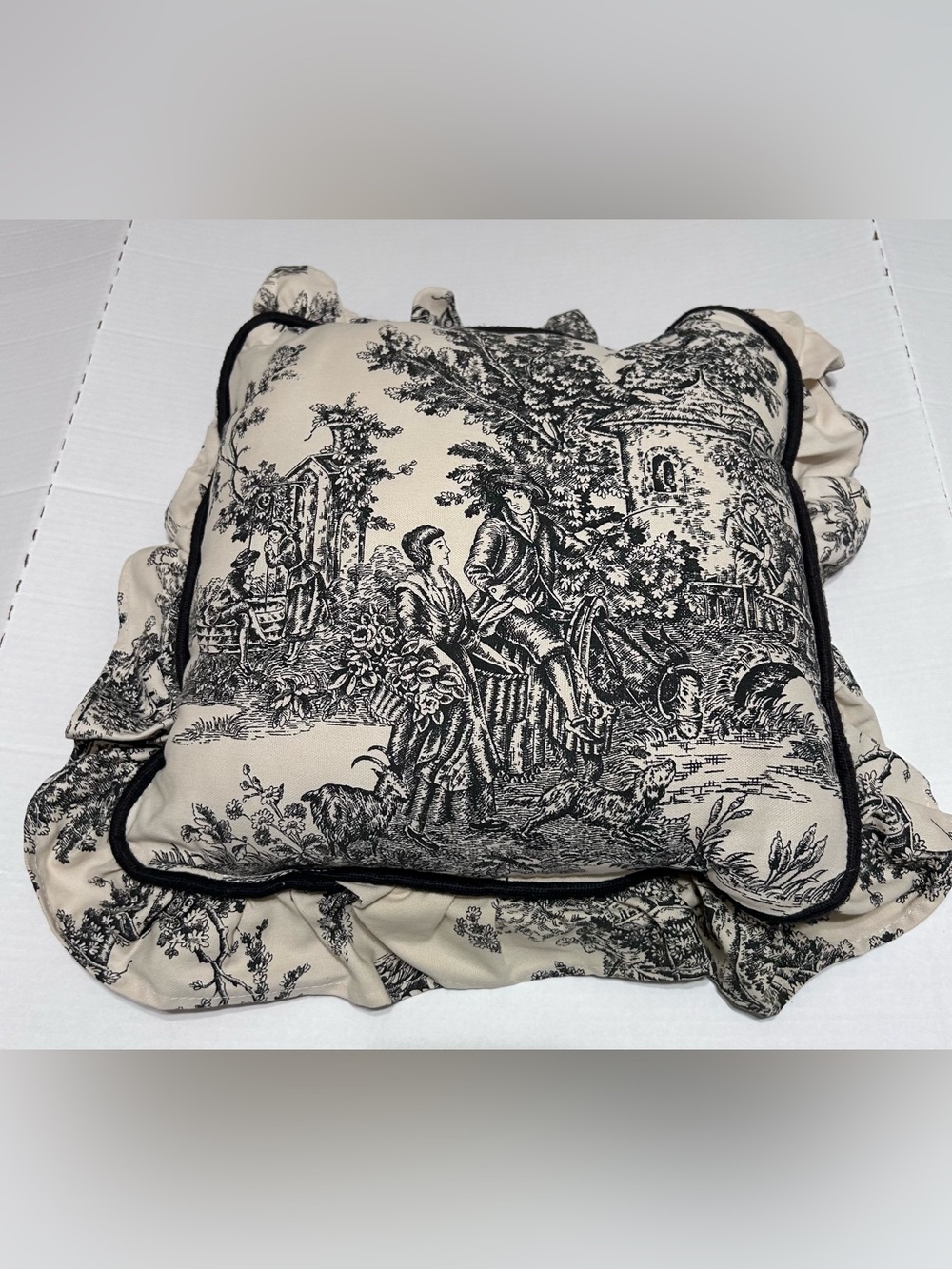 Waverly garden room Black Toile Ruffled toss 16x16” pillow French country Scene